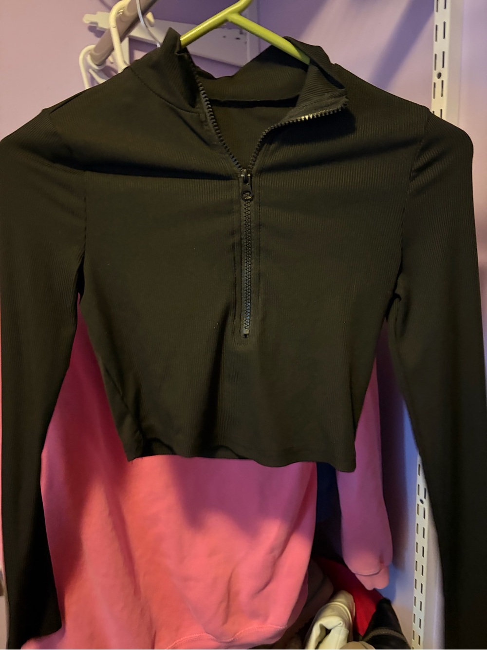 Black Ribbed Half-Zip Crop Top - Women's